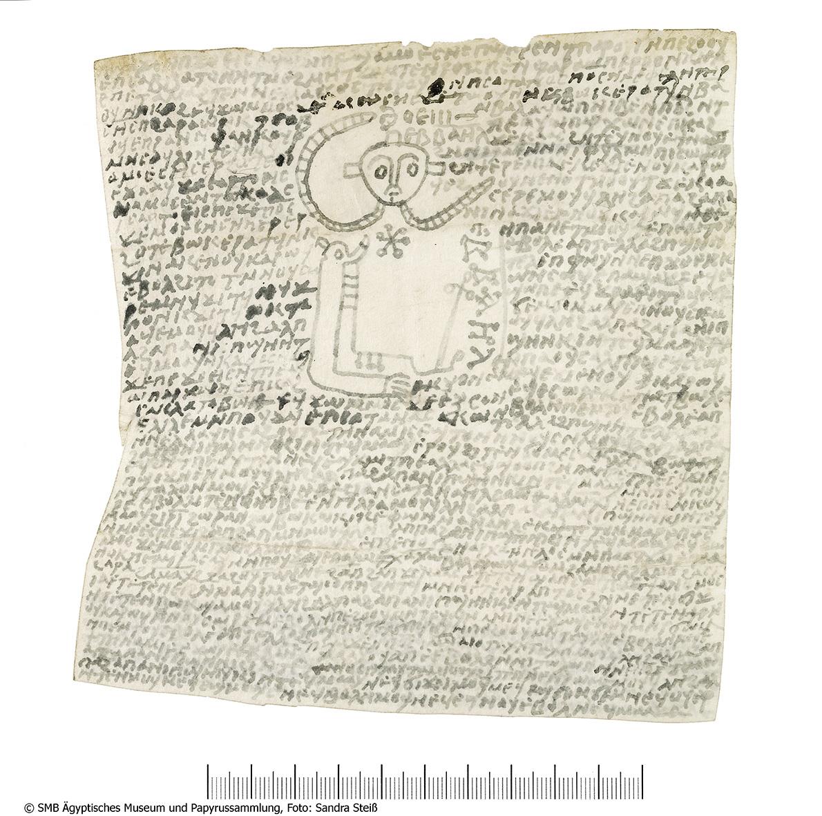 Koptisches Pergament mit einem Amulett/ Fluchtext mit Zeichnung eines Dämons