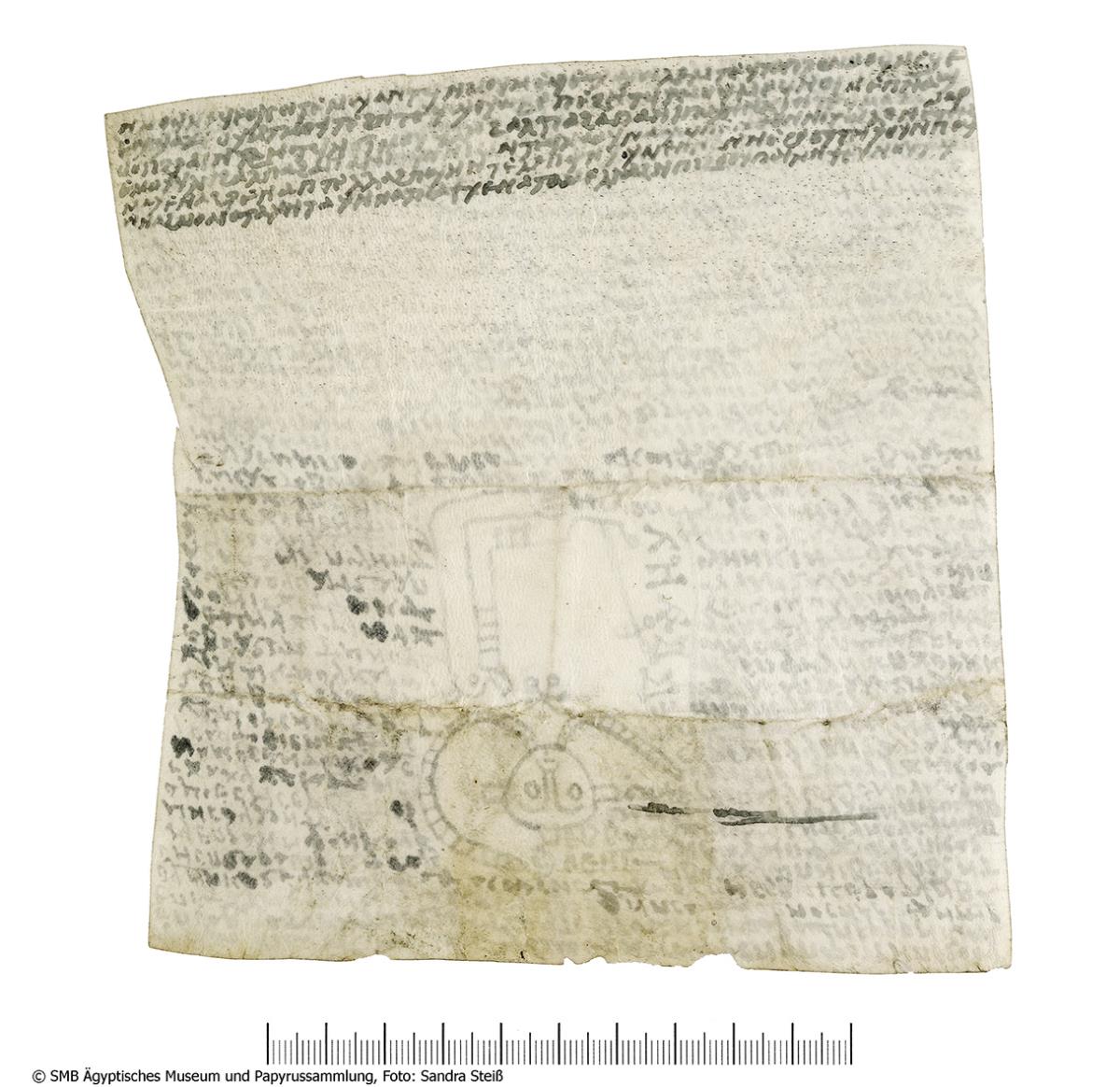 Koptisches Pergament mit einem Amulett/ Fluchtext mit Zeichnung eines Dämons
