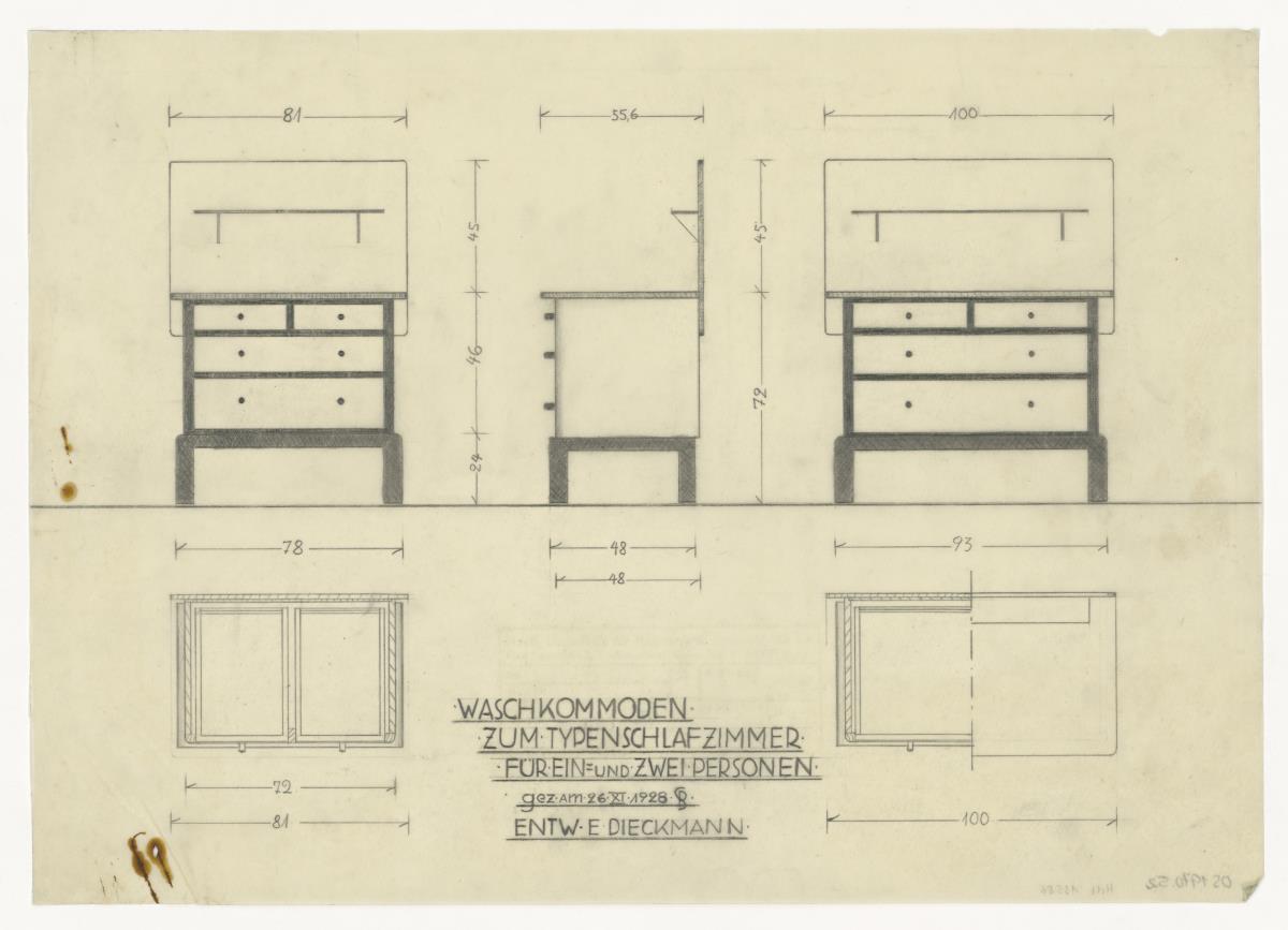Waschkommoden zum Typenschlafzimmer (Möbelentwürfe, Misch- und Übergangsformen)