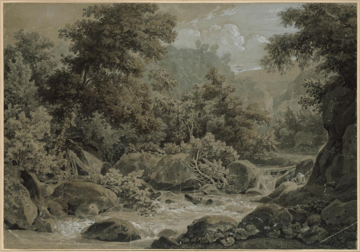 Gebirgs- und Waldlandschaft, vorn ein Bach