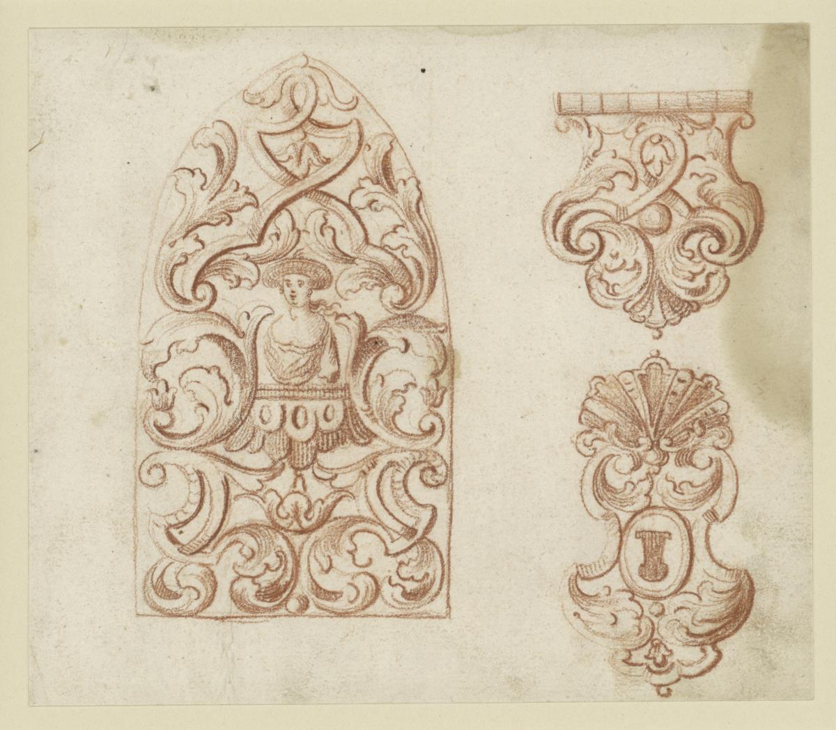 Entwurf von Schmiedeornamenten, Spitzbogenfüllung, Überhangschloss, Schlüsselschild