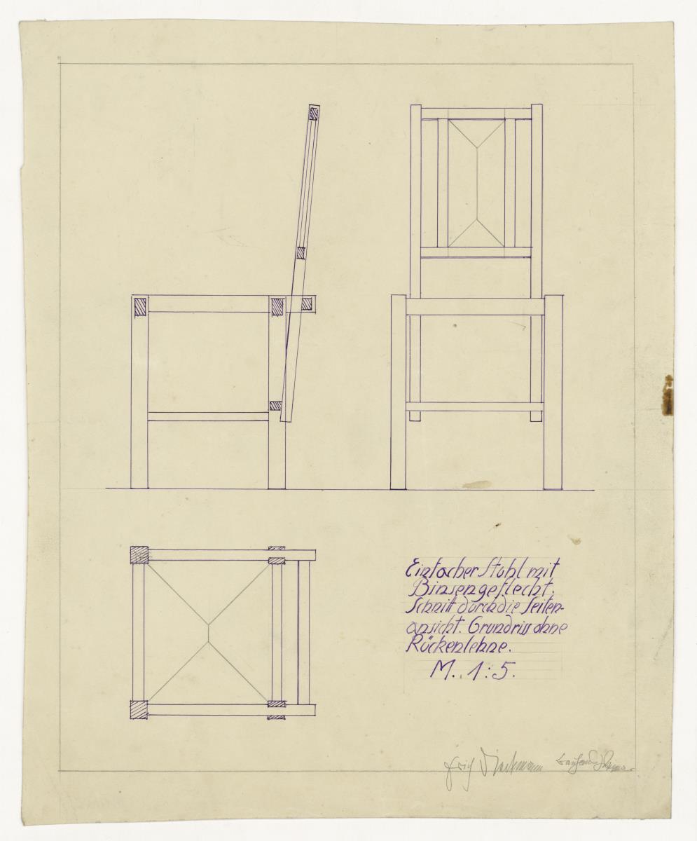 Stuhl mit Binsengeflecht, Schnitt und Grundriss (Möbelentwürfe, Sitzmöbel)