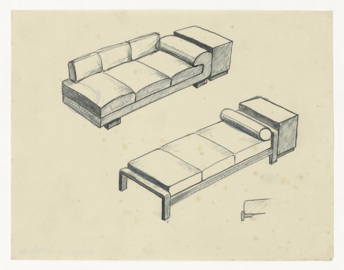 Ruhesofa, zwei Varianten (Möbelentwürfe, Sitzmöbel)