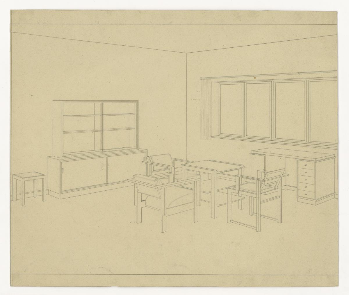 Sitzecke mit Schrank und Schreibtisch (Möbelentwürfe, Wohnräume)