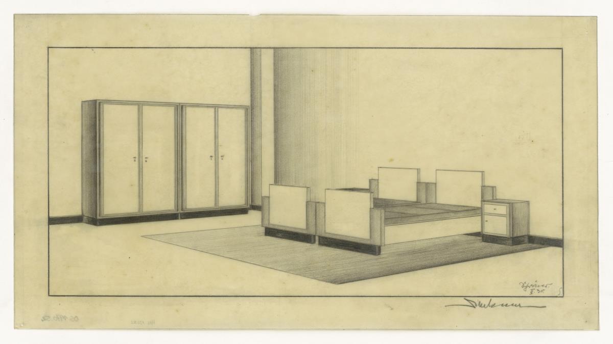 Schlafzimmer mit Doppelbett und zwei Schränken (Möbelentwürfe, Schlafräume)