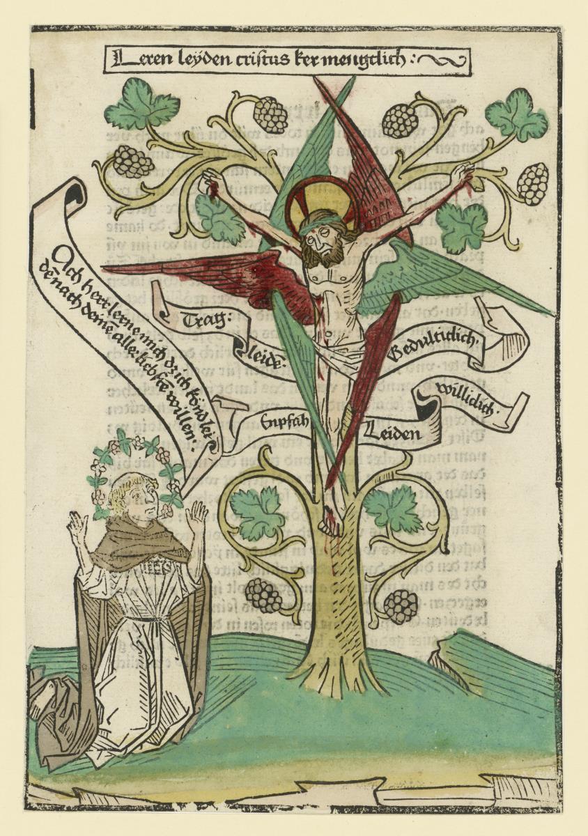 Suso betet vor dem Gekreuzigten am Weinstock, aus Suso, Henricus: Buch der Seusse, Blatt LIXv