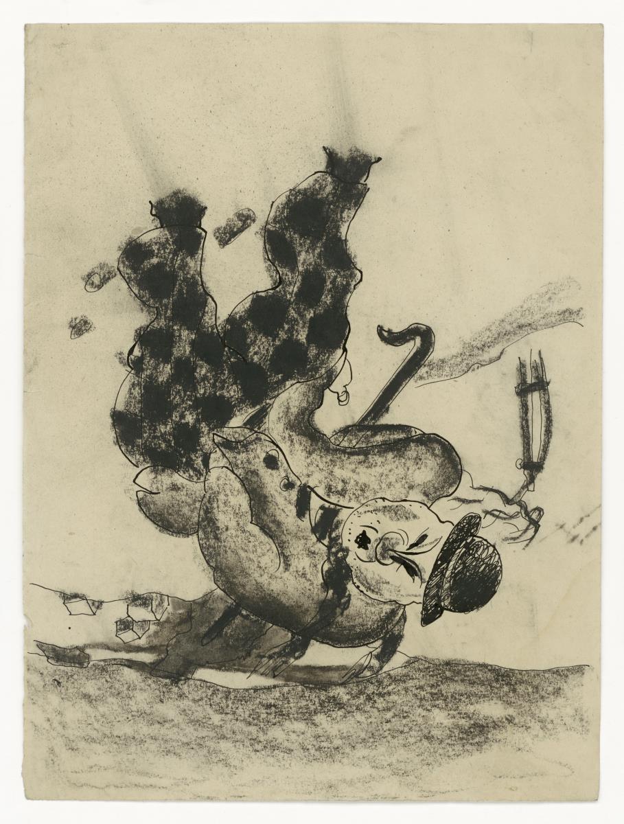 Clown-ähnliche Figur, in einer Landschaft (Figürliche u. a. Darstellungen)