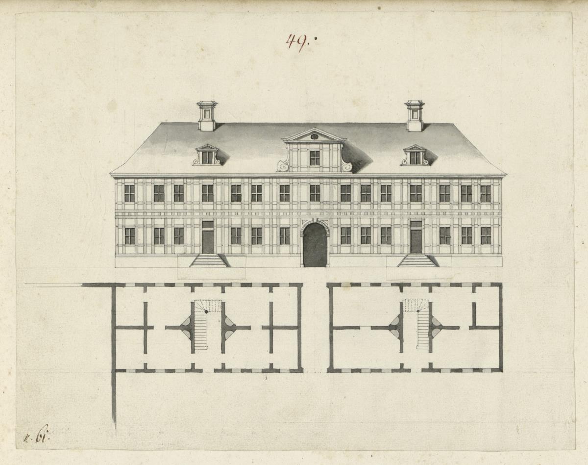 Zweistöckiges Wohngebäude mit Durchfahrt. Aufriss und Grundriss
