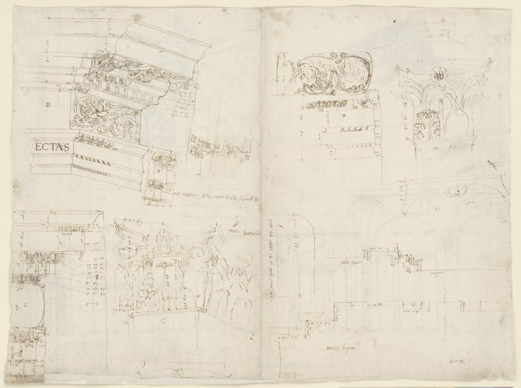Diocletians Thermen, Gesims mit Aufschrift ECTAS, Details, zwei Kapitellskizzen, ein Grundriss