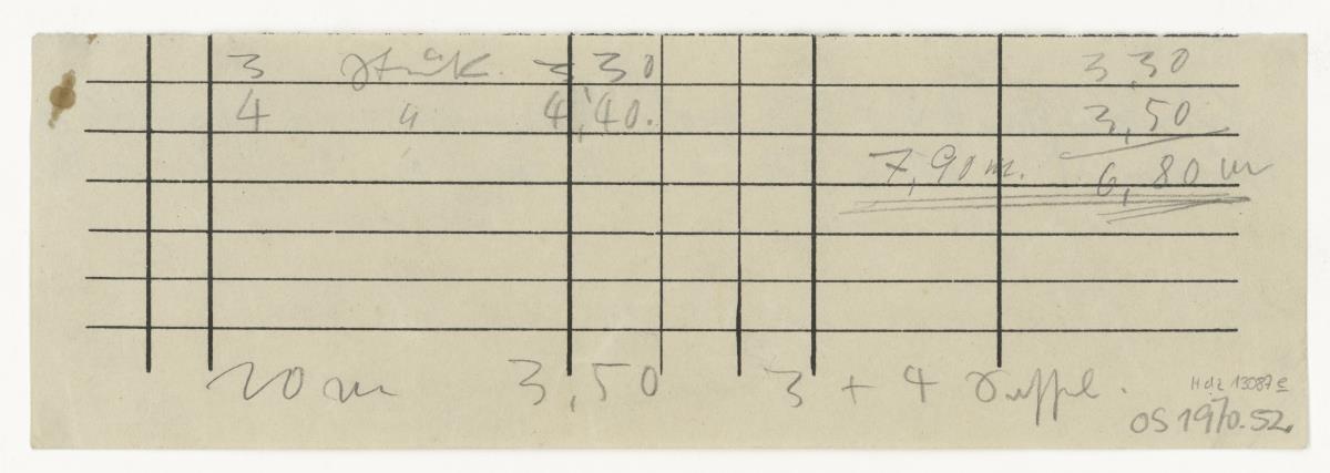 Skizzen und Notizen, Materialliste, Auftrag Götsch, Musikheim (Möbelentwürfe, Wohnräume)