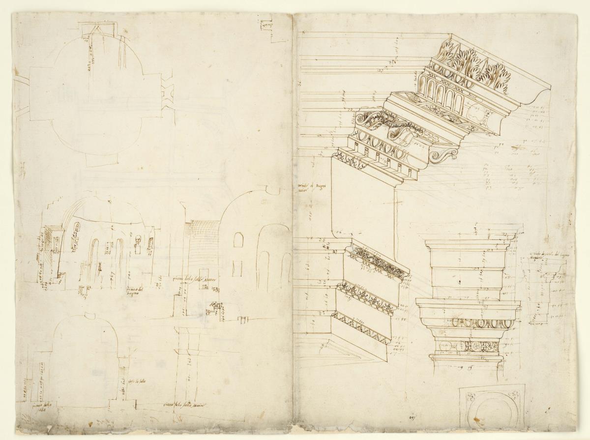 Diocletians Thermen, Gesims, Grundriss und Schnittskizzen der Rotunde B und Umgebung, Gesims und Antenkapitell