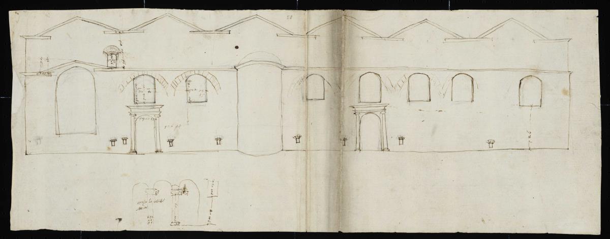 Diocletians Thermen, Aufriss der Fassade der Nordwestseite, Datailskizze Säulenstellung