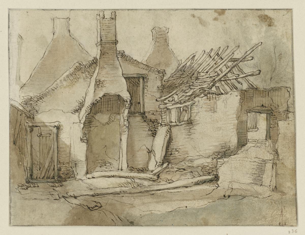 Ruine eines Bauernhauses mit Schornstein (Skizzenbuchblatt)