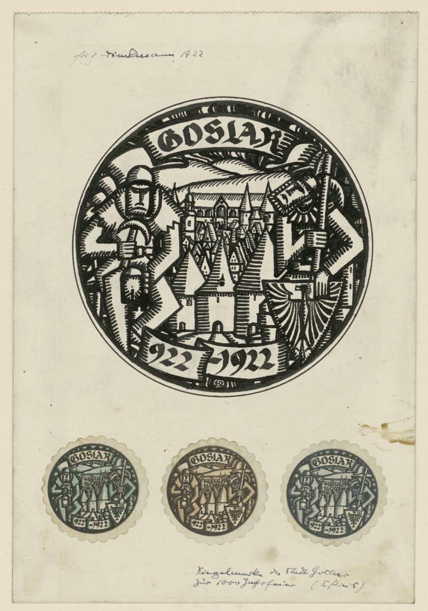 Siegelmarke 1000 Jahre Stadt Goslar, Entwurf und kolorierte Marken (Gebrauchsgraphik)