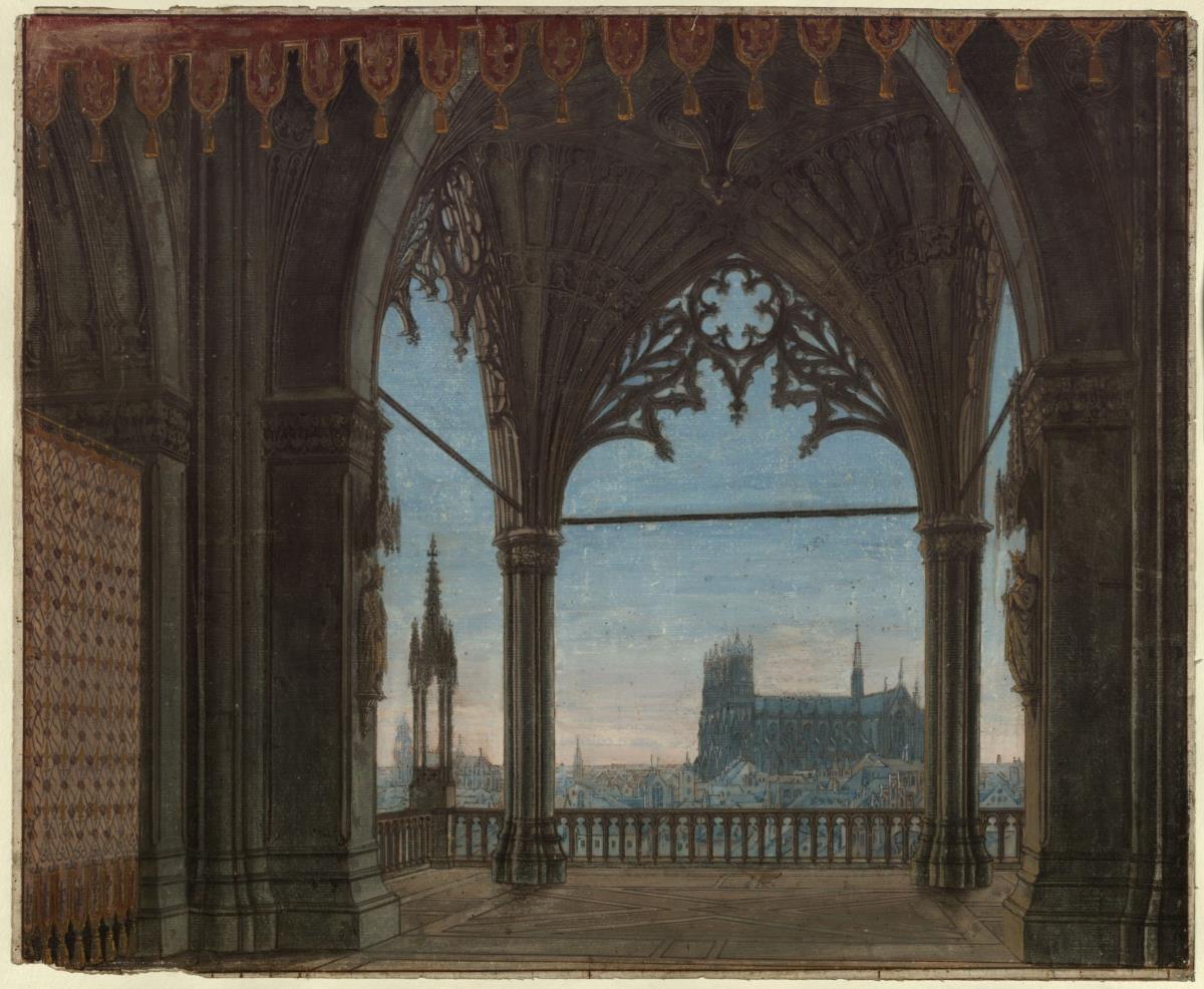 Die Jungfrau von Orleans. Trauerspiel von Friedrich Schiller. Entwurf zur 8. Dekoration. Gotische Halle mit Blick auf Reims