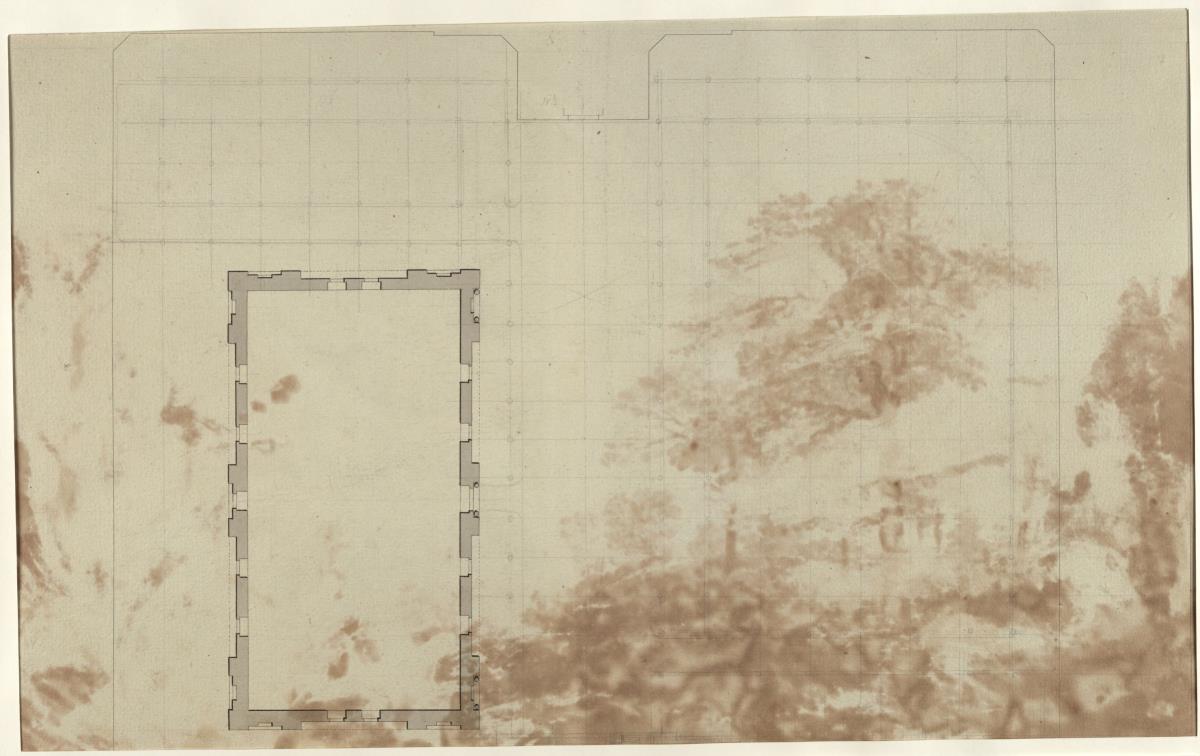 Studie zu einem Saalbau über einem Quadrat- oder Planungsraster