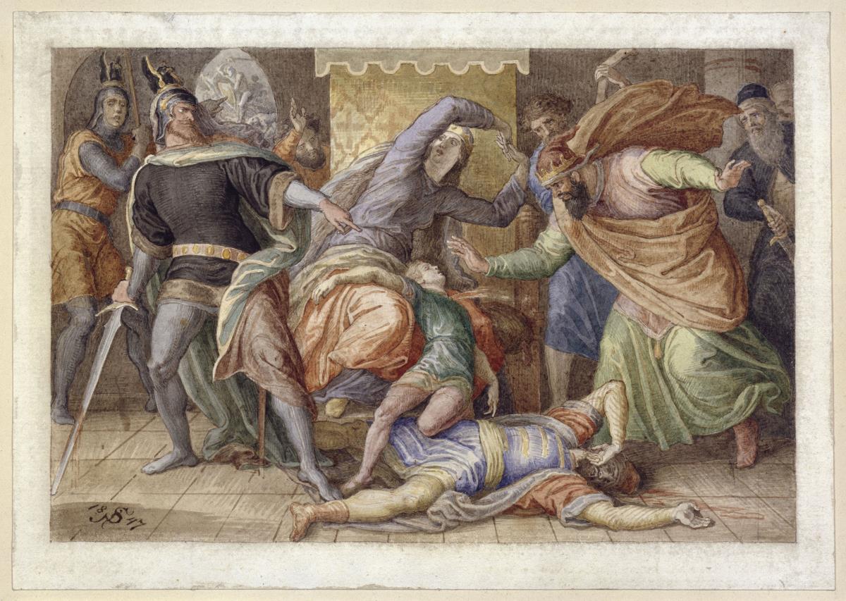 Hagen erschlägt Ortlieb (Der sterbende Ortlieb im Schoße der Kriemhild; nach dem Nibelungen-Lied)