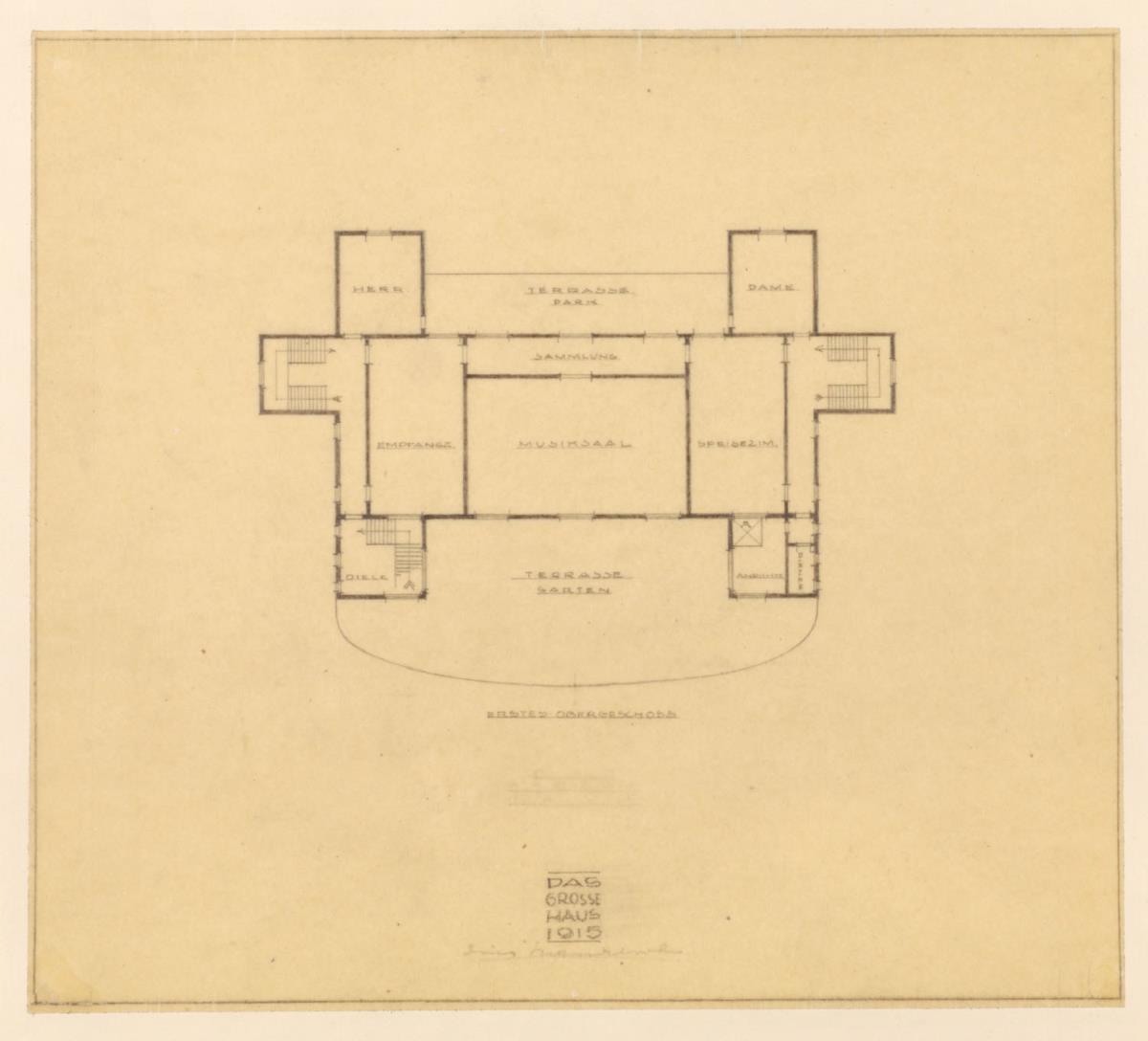 Phantasieprojekt, Privathaus für Erich Mendelsohn (Das große Haus). Grundriß des ersten Obergeschosses