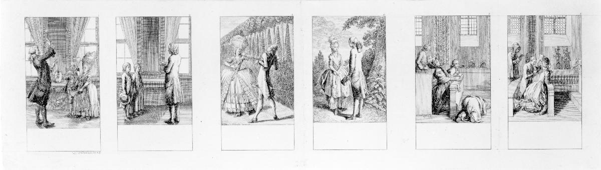 "Natürliche und affektierte Handlungen des Lebens", 1. Folge (12 Blätter), Blatt 1-6: Unterricht / Unterhaltung / Gebet
