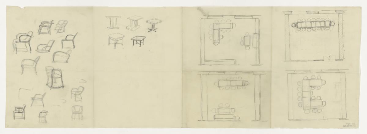 Sitzungs- u. Ausstellungsraum, Skizzen, Auftrag J. Weiermann AG (Möbelentwürfe, Arbeitsräume)