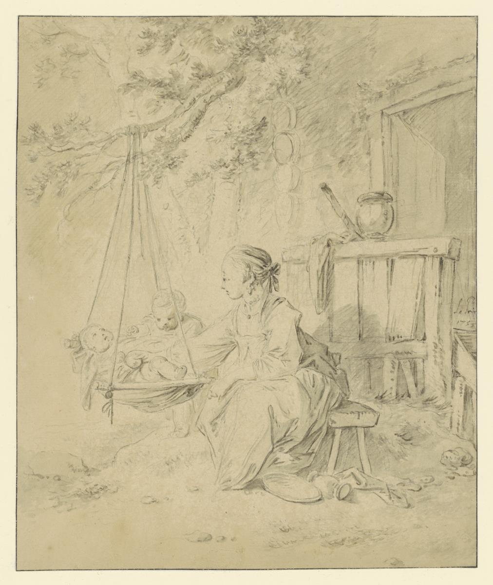 Mutter vor dem Haus mit zwei Kindern und einer Schaukel (Le Berceau)