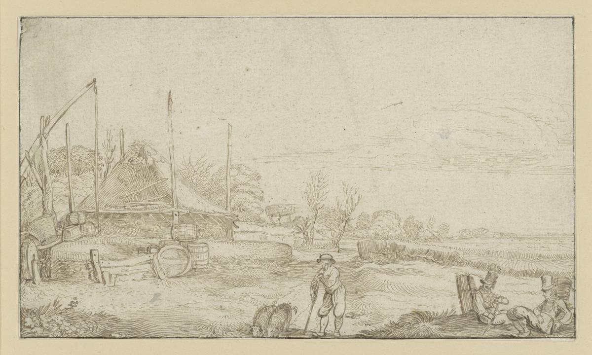 Flachlandschaft mit Heuschober, Schafhirt und rastenden Bauern