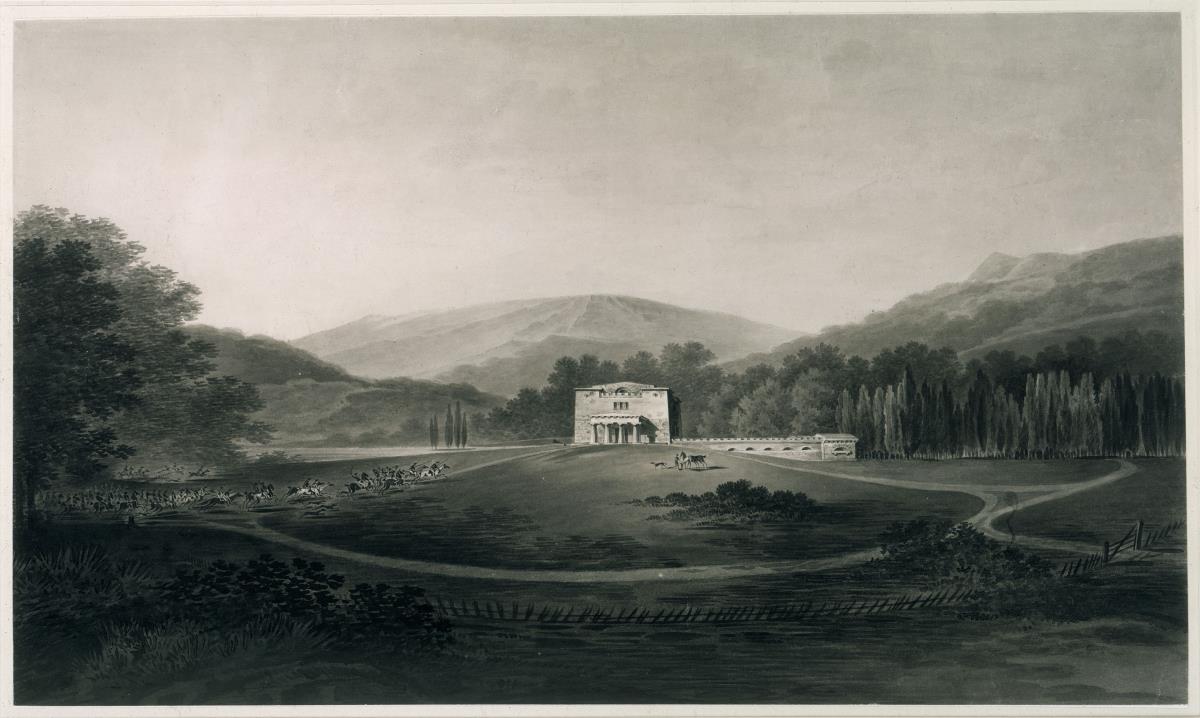 Landhaus (Jagdhaus) in weiter Hügellandschaft - Pylonenbau auf einem perspektivisch weiten Platz vor einer hügeligen Landschaft mit von links heran sprengender Jagdgesellschaft