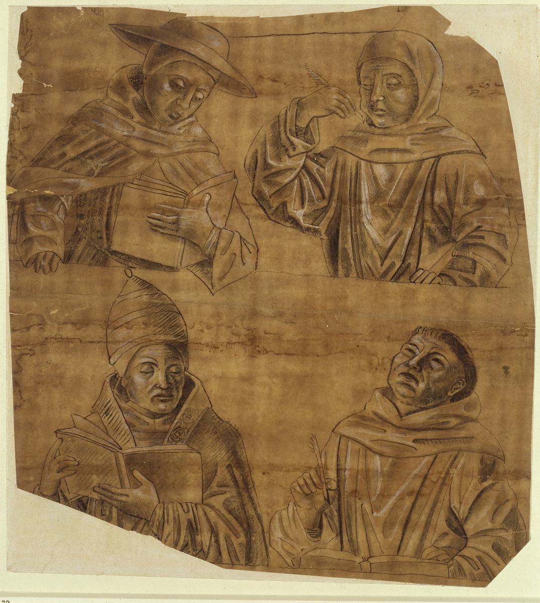 Zwei lesende Kirchenväter (heiliger Gregorius Magnus? und Heiliger Hieronymus) sowie zwei schreibende Mönche (heiliger Bernhard und heiliger Antonius?), jeweils in Halbfigur