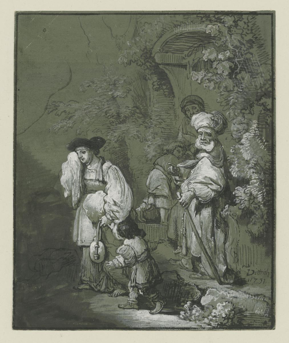 Die Verstoßung der Hagar. Hagar geht weinend mit Israel nach links. Abraham wendet sich nach rechts dem Hause zu. Hinten sind Sara und ihr Sohn sichtbar