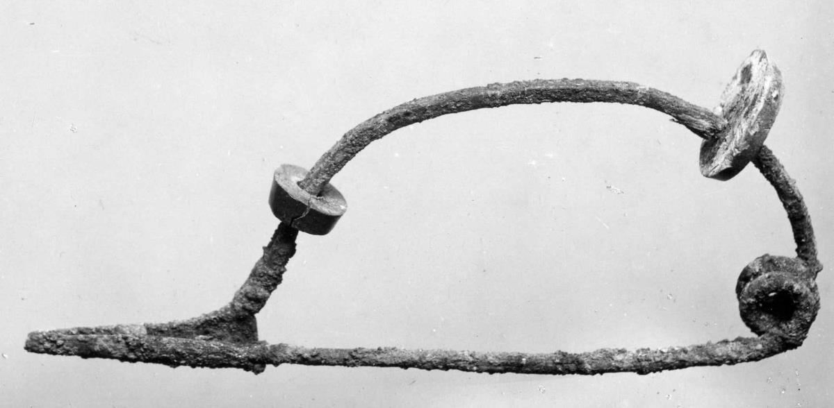 Lange feine Fibel; gut erhalten. Der Bügel war mit Holzscheiben und Bernsteinscheiben bekleidet; von den Holzscheiben sind drei, von den Bernsteinscheiben eine erhalten; außerdem ist noch eine Scheibe aus Knochen erhalten