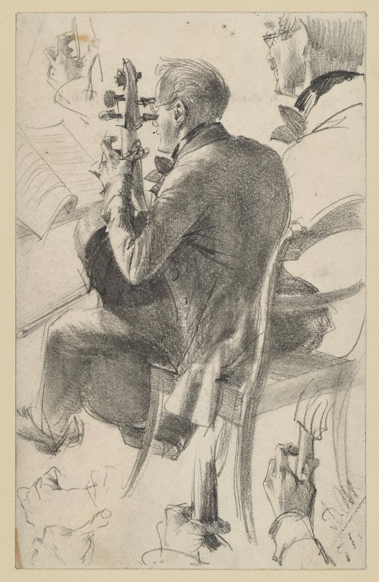 Cellospieler n. L. Halb vom Rücken gesehen. Kopf und Handstudien. Vorstudie zum Gemälde "Flötenkonzert Friedrichs des Großen in Sanssouci"