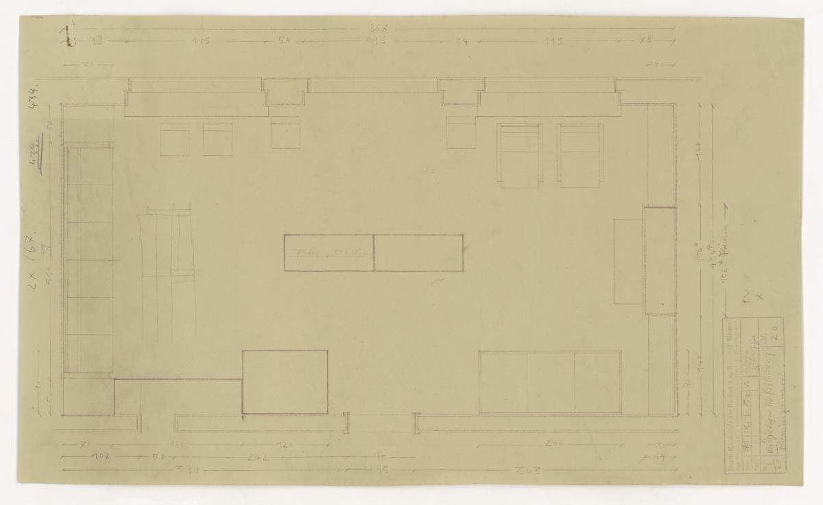 Kaminzimmer, Grundriss, Auftrag Götsch, Musikheim (Möbelentwürfe, Wohnräume)