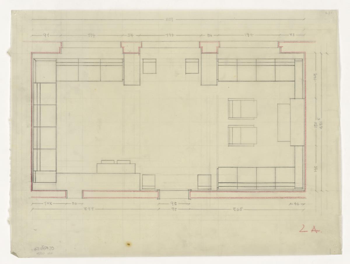 Kaminzimmer, Grundriss 2A, Auftrag Götsch, Musikheim (Möbelentwürfe, Wohnräume)
