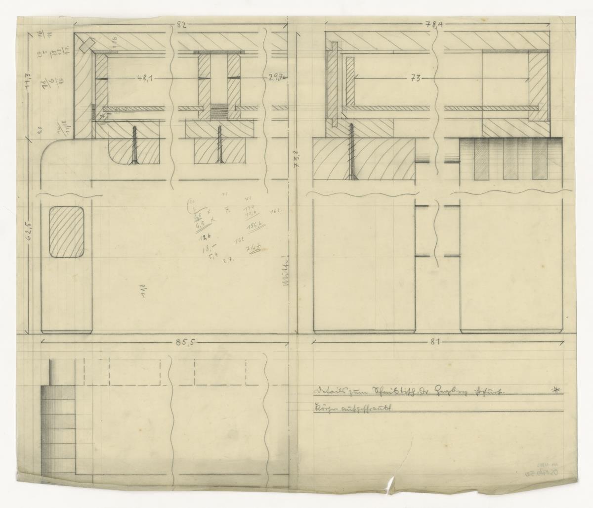 Schreibtisch, Detail, Auftrag Herzberg (Möbelentwürfe, Schreibtische)