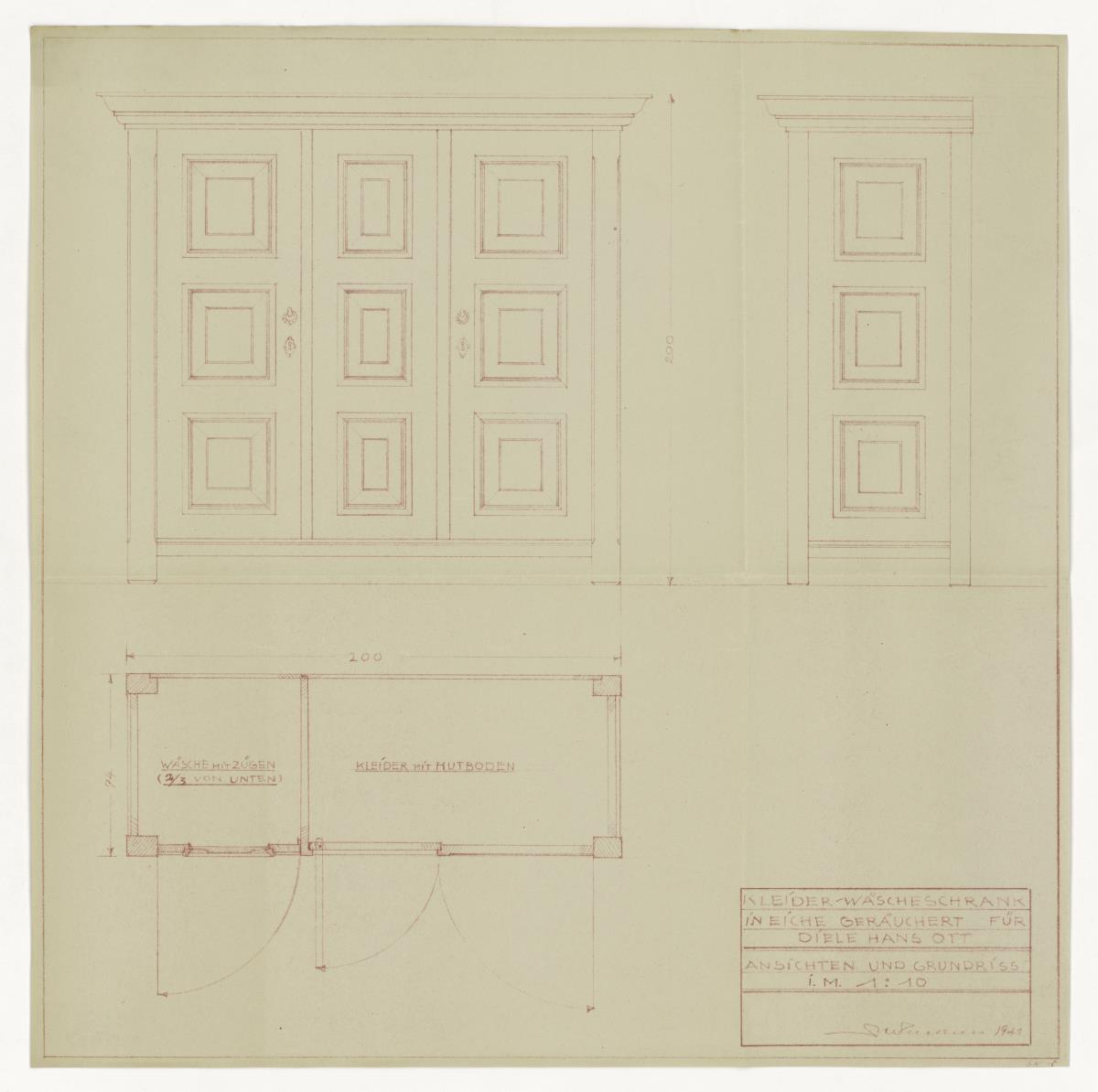 Kleider-Wäscheschrank, Auftrag Ott (Möbelentwürfe, Körpermöbel, Schränke)