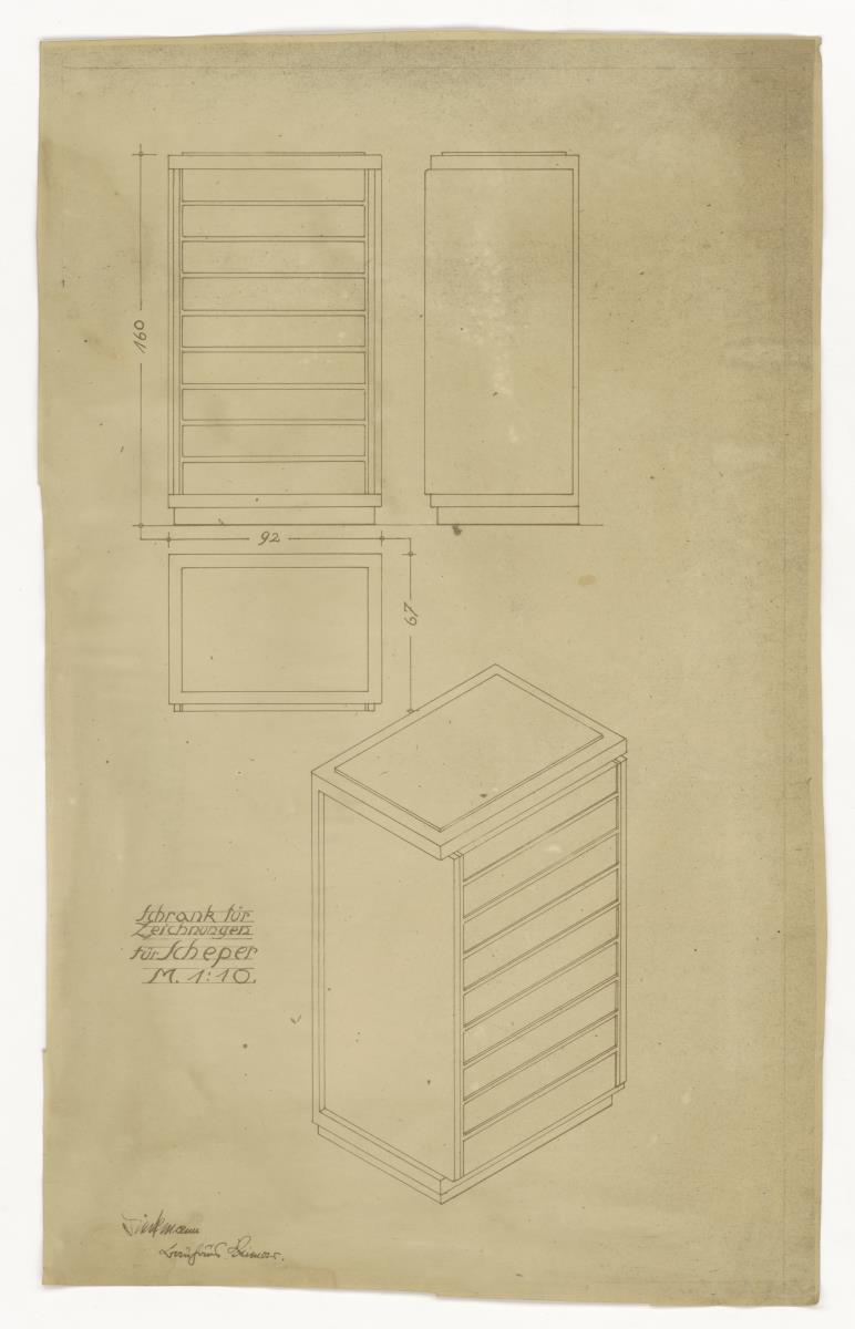 Schrank für Zeichnungen, Auftrag Scheper (Möbelentwürfe, Körpermöbel, Schränke)