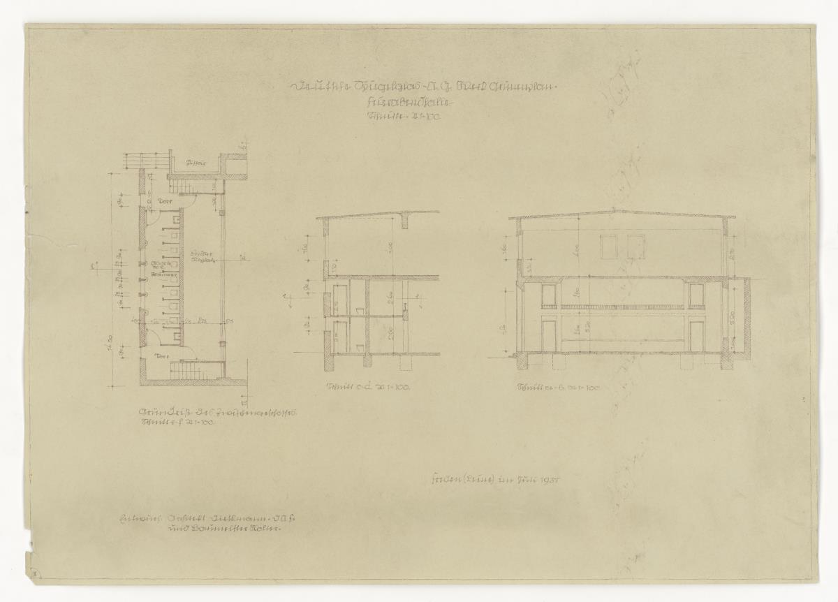 Feierabendhalle, Auftrag Deutsche Spiegelglas AG Werk Grünenplan, Freden, Leine (Lagepläne und Gebäude)