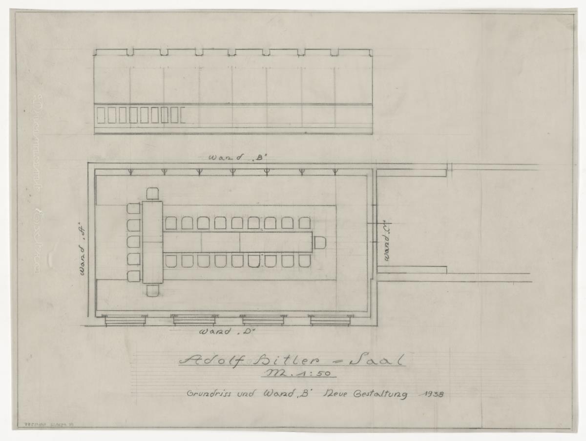 Grundriss und Wand "B", Adolf-Hitler-Saal, Auftrag Gauverwaltung "DAF" Hannover (Lagepläne und Gebäude)