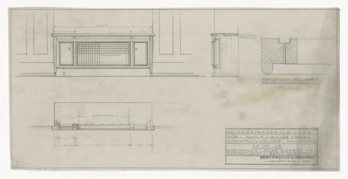 Heizkörperverkleidung, Adolf-Hitler-Saal, Auftrag Gauverwaltung "DAF" Hannover (Lagepläne und Gebäude)