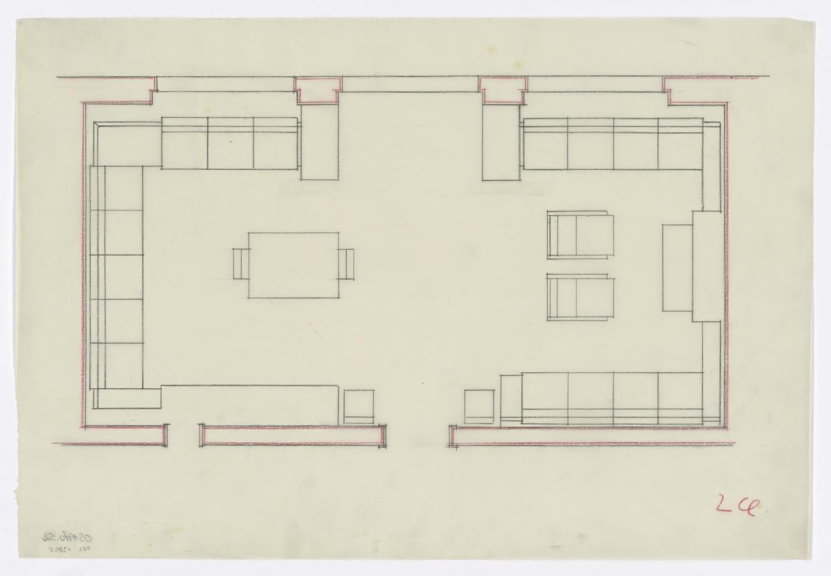 Kaminzimmer, Grundriss 2, Auftrag Götsch, Musikheim (Möbelentwürfe, Wohnräume)
