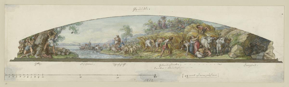 Holzfällen, Fischerei, Schafzucht, Getreide, Ernte, Weinlese, Bergbau. Entwurf für die Wandmalerei in der Berliner Börse