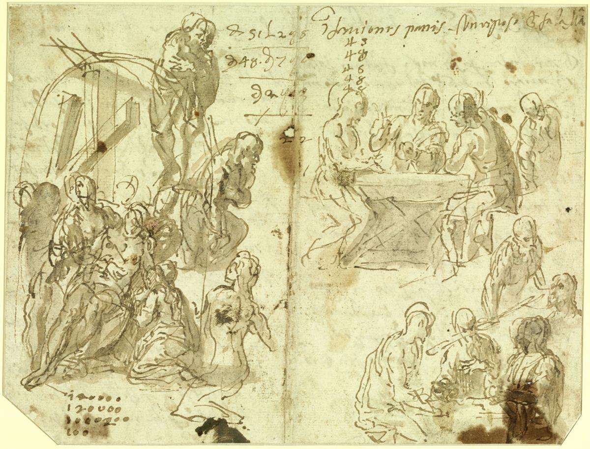 Studien zu einer Grablegung Christi und zu einem Gastmahl in Emmaus, Schriftzüge und Zahlenaufstellungen