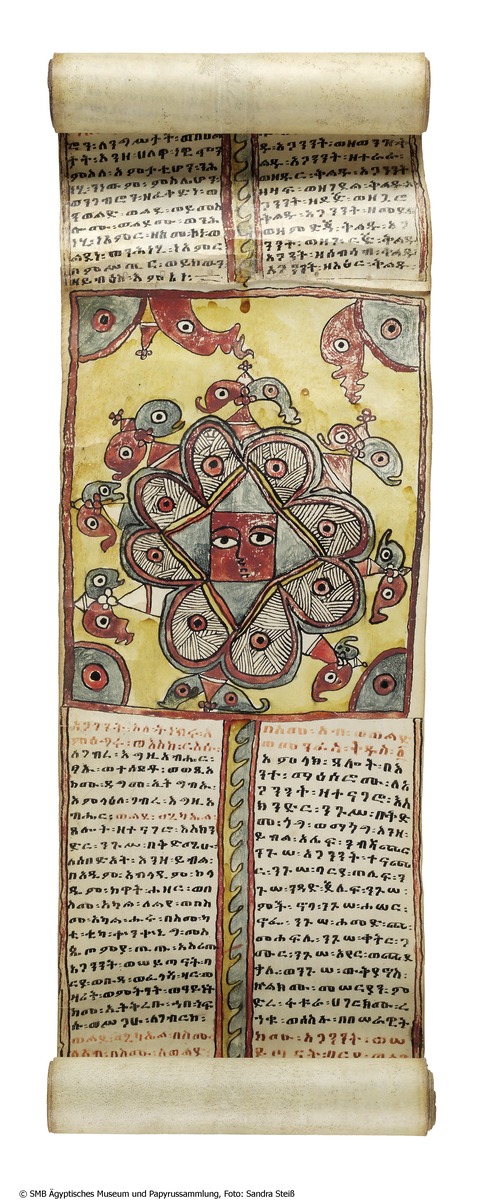 Äthiopische Lederrolle mit magischen Texten und Darstellungen