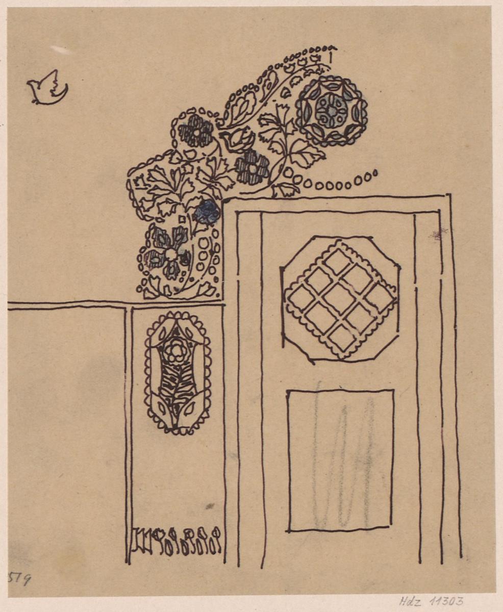 Giessen, Grossherzogliche Wohnung im Alten Schloss, Empfangszimmer, Skizzenblatt mit Vorentwurf für die Stickerei  über der Haupttür