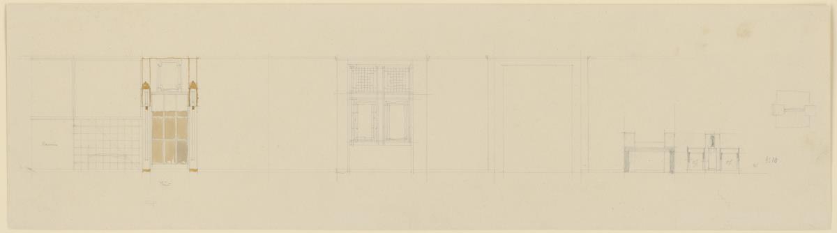Giessen, Grossherzogliche Wohnung im Alten Schloss   Wohnzimmer, Skizzenblatt mit Aufrissen der West -und Nordwand sowie Aufriss, Seitenansicht und Grundriss des Schreibtisches