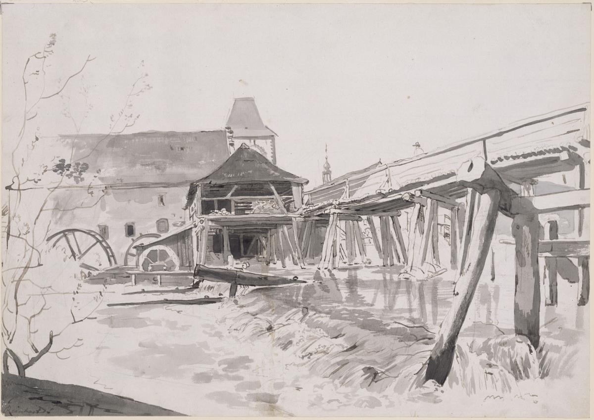 Holzbrücke mit Wehr und Wassermühle