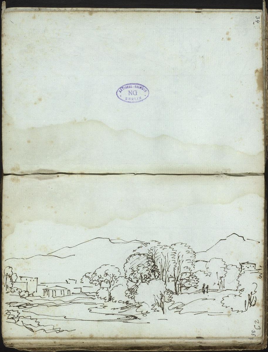 Landschaft mit Gebäuden und Bergen