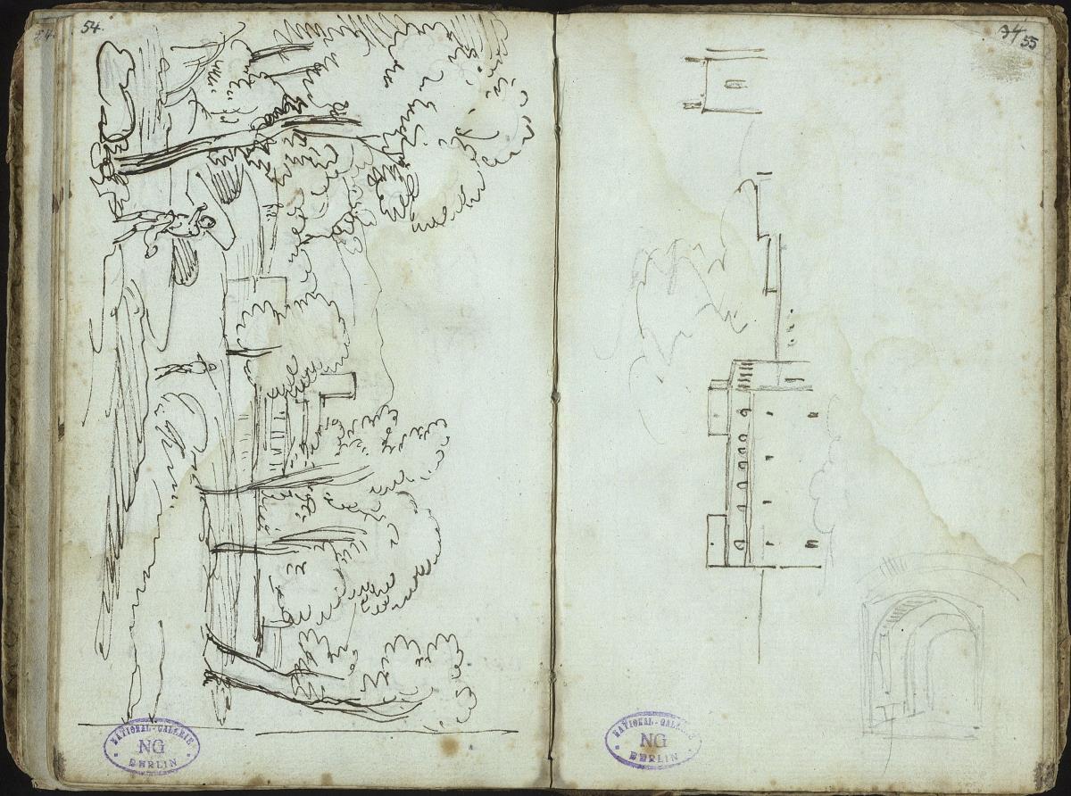 Landschaft mit Bäumen und Gebäude / Kastellartiges Gebäude, Gewölbe