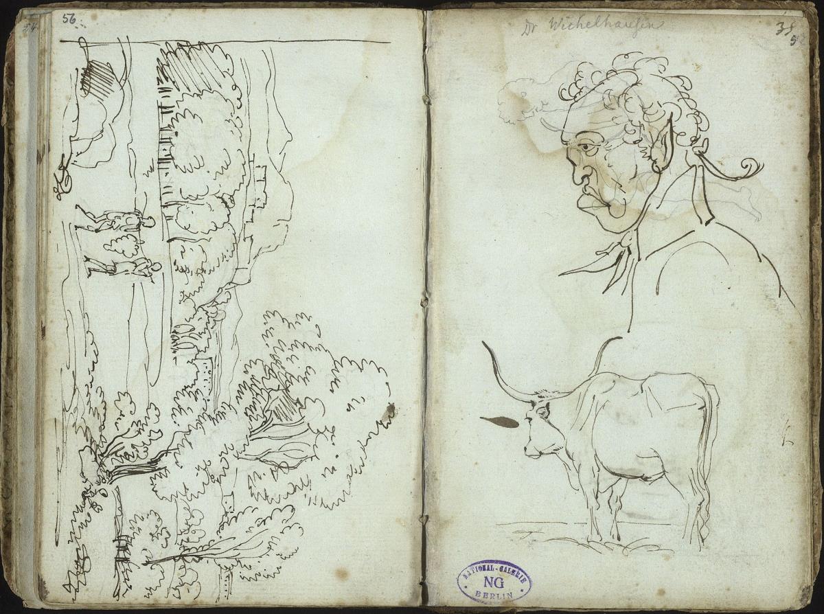 Weite Berglandschaft mit zwei Figuren / Karikatur "Dr. Wichelhausen", Rind und sitzende männliche Figur