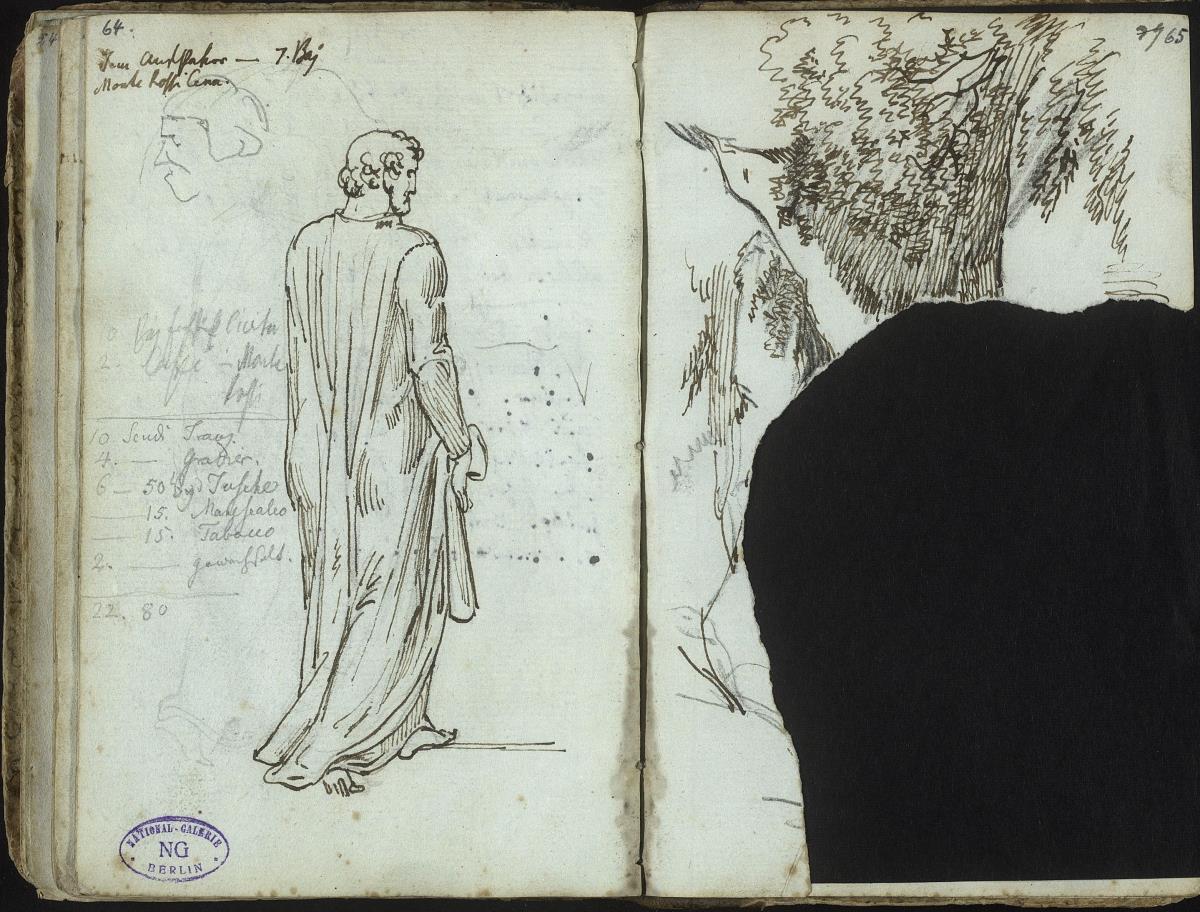 Stehende männliche Figurr von hinten, Männerkopf / Baumstudie